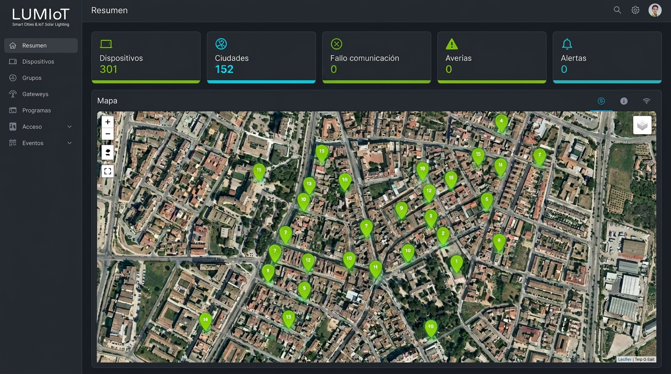 Mapa GIS y Resumen Territorial de Luminarias LUMIOT